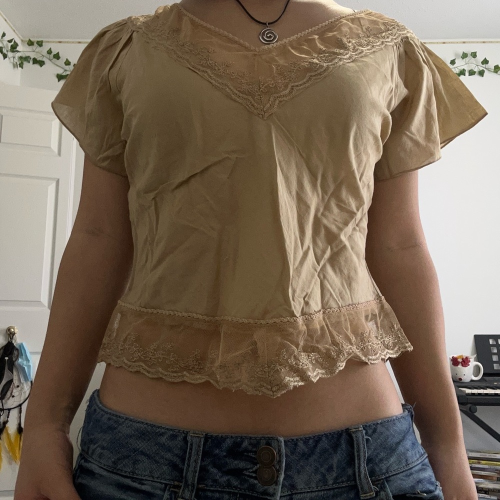 Chic Tan Lace Trim Blouse